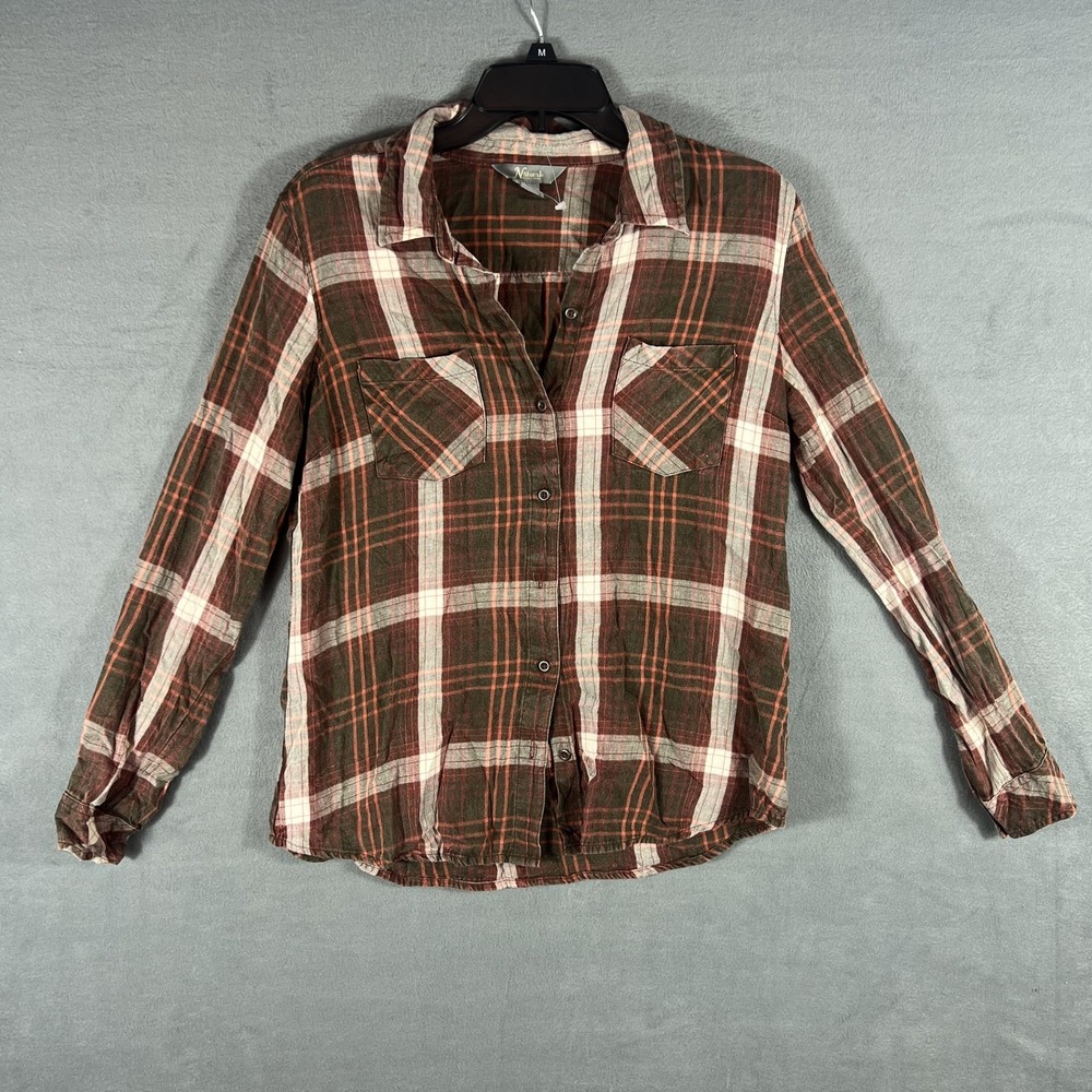 Natural Reflections Plaid Flannel Shirt Womens M Brown Orange White Button‎ Up